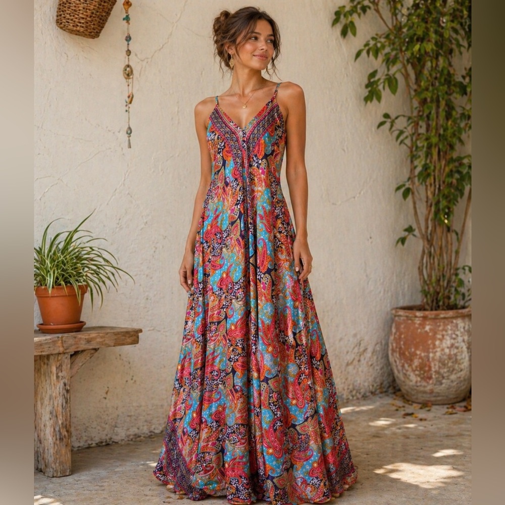 Vibrant Bohemian Paisley Scarf-Like Flowy Maxi Dress Multi Colored Small NWT